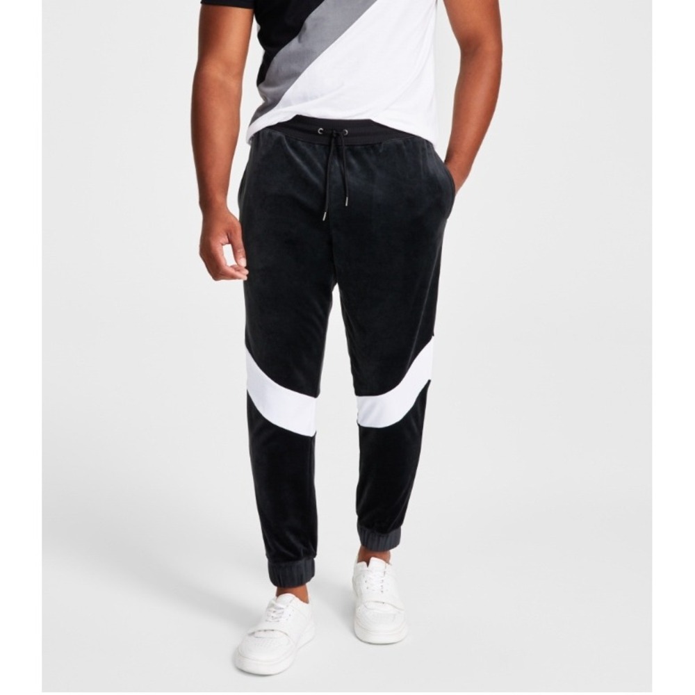 INC Men's Regular-Fit Pieced Colorblocked Velour Joggers, Deep Black Size XXL